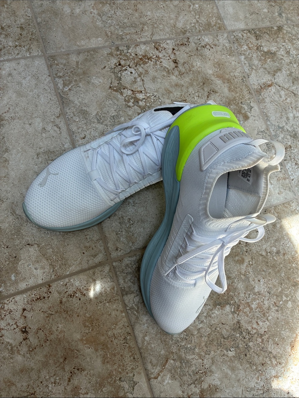 Puma White Sneakers with Neon Green Heel and Light Blue Midsole